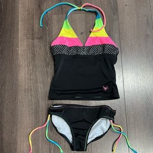 GIRLS size 12 Justice Halter Top Bikini Swim Black with Rainbow Good Condition